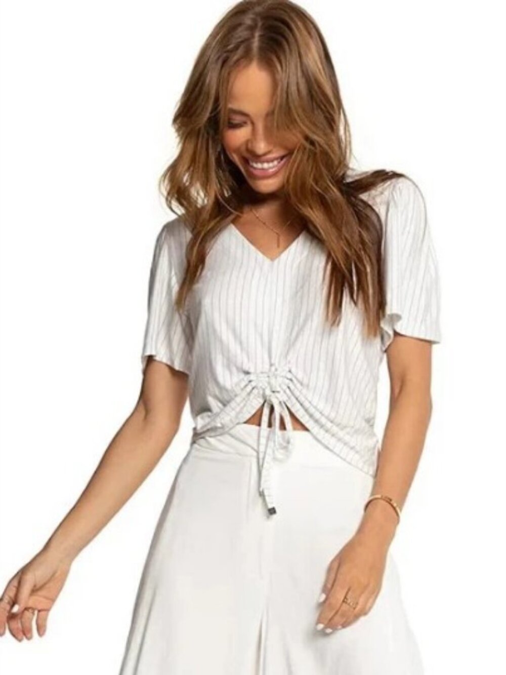 Title: White Striped Cropped Tie Front Blouse V Neck Lightweight Size S